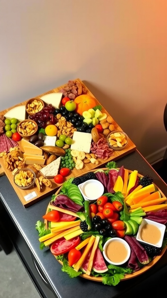 An elegant snack display with a charcuterie board and vegetable platter, set in a cozy and inviting environment.